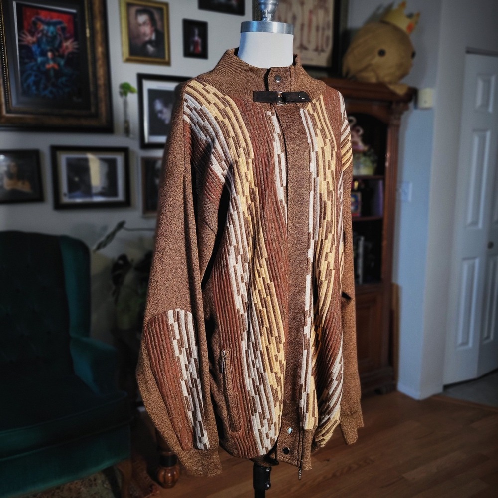 Silversilk‎ Cardigan Sweater Mens 4XL Brown Geometric Abstract Knit Grandpacore